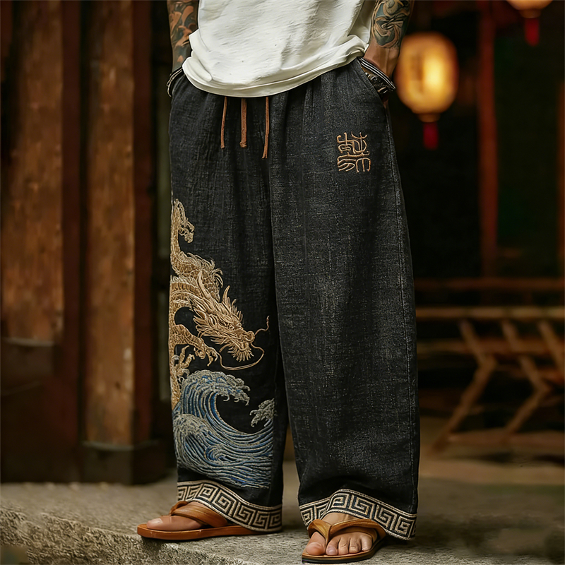 Men's Japanese Golden Dragon Sea Waves Linen Pants  artssus