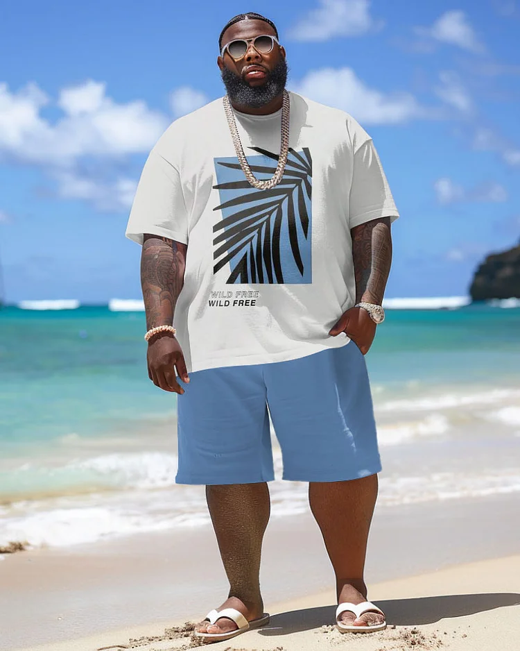 Men's Plus Size Hawaiian Leaf Letter Print T-Shirt Shorts Suit