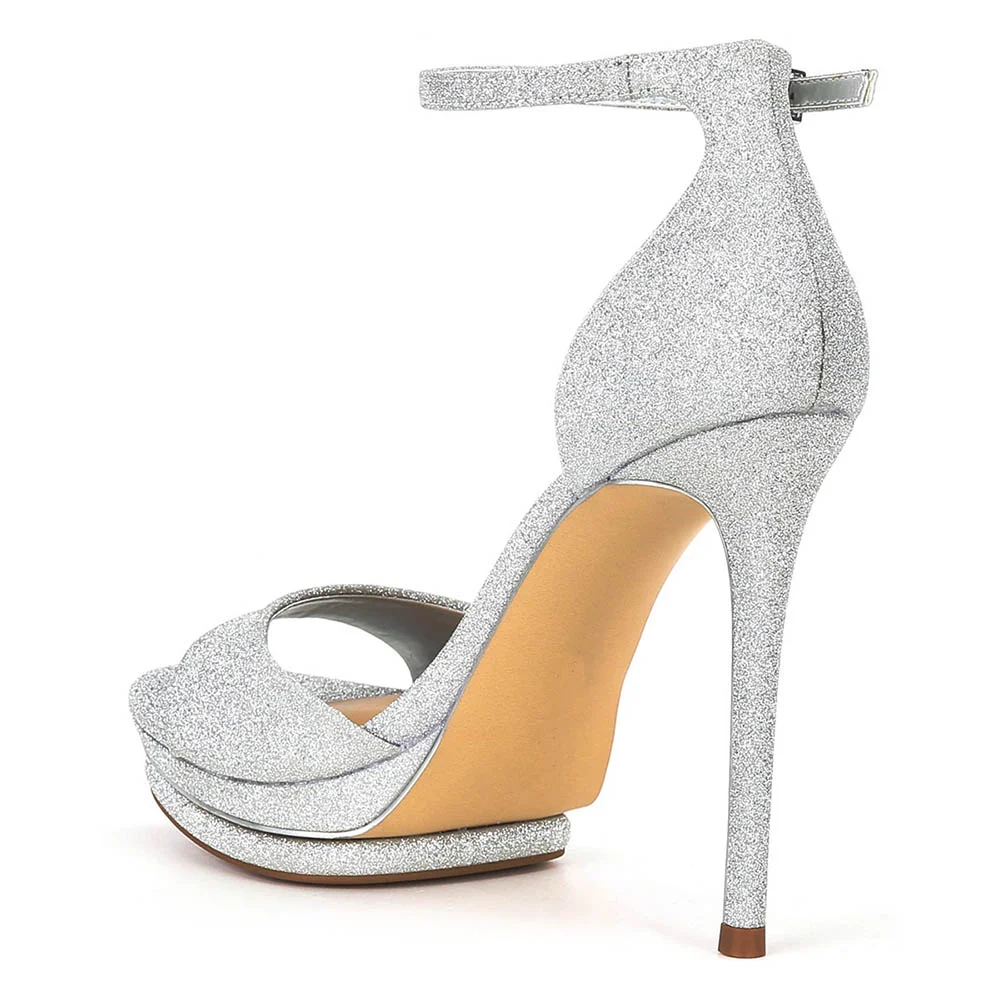 Silver Glitter Stiletto Heel Ankle Strap Platform Sandals for Women