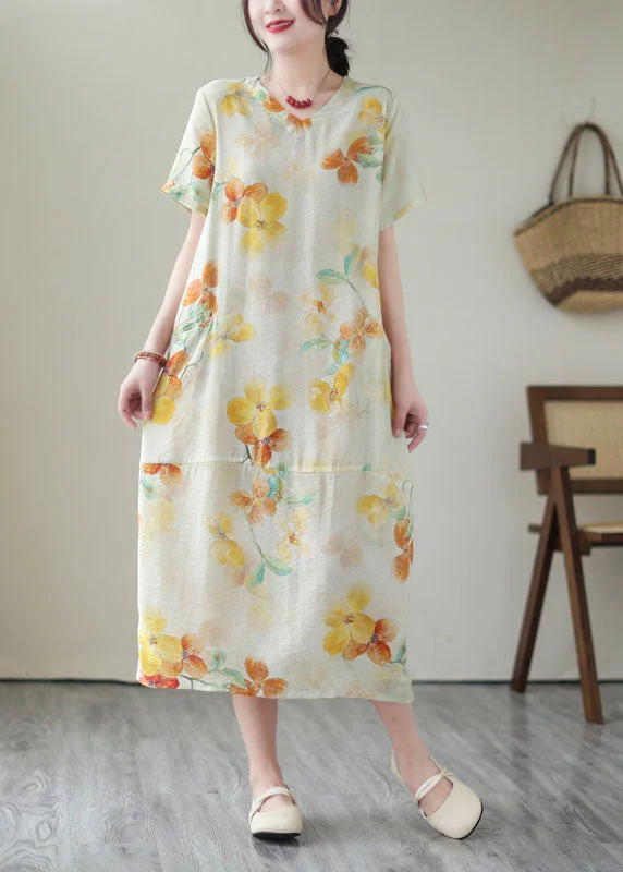 Elegant Yellow V Neck Print Patchwork Cotton Dress Summer