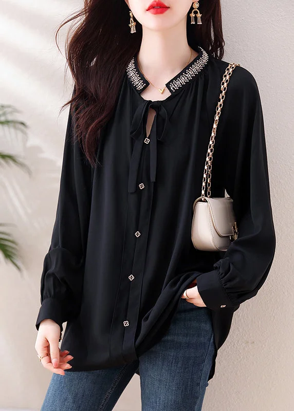 Modern Black Stand Collar Button Chiffon Shirt Long Sleeve