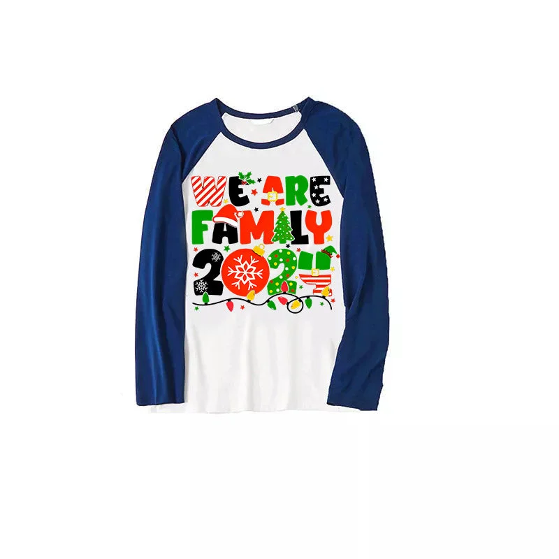 Christmas "We are Family" Colorful Multi-Element Letter Print Blue & Black Plaid Family Matching White Pajamas With Dog