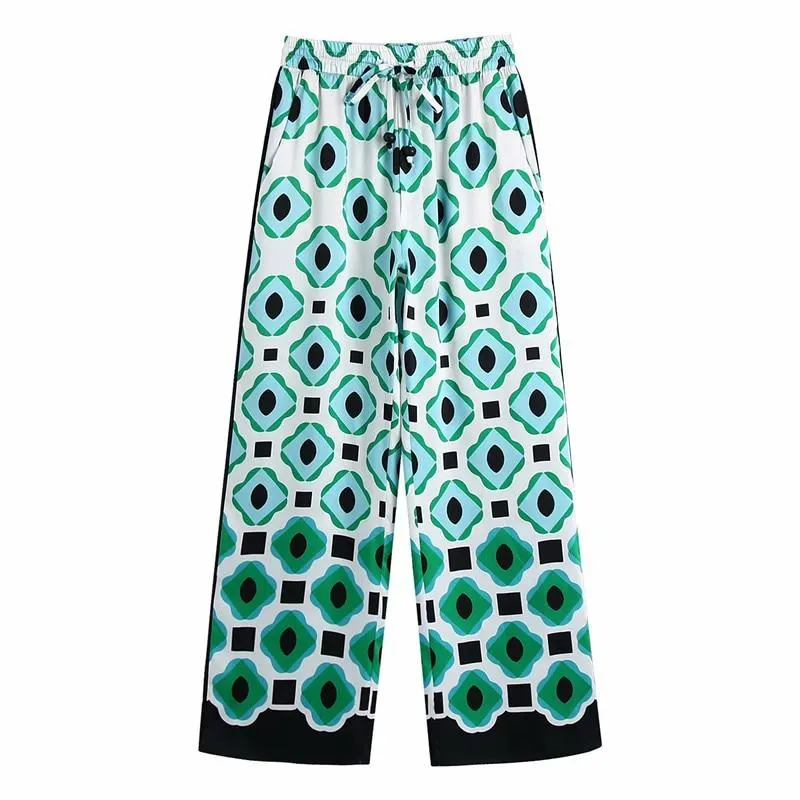PUWD Casual Women Green Print Blouse Suit 2021 Spring Elegant Female Streetwear Pant Matching Sets Ladies Vinatge Geometry Suits