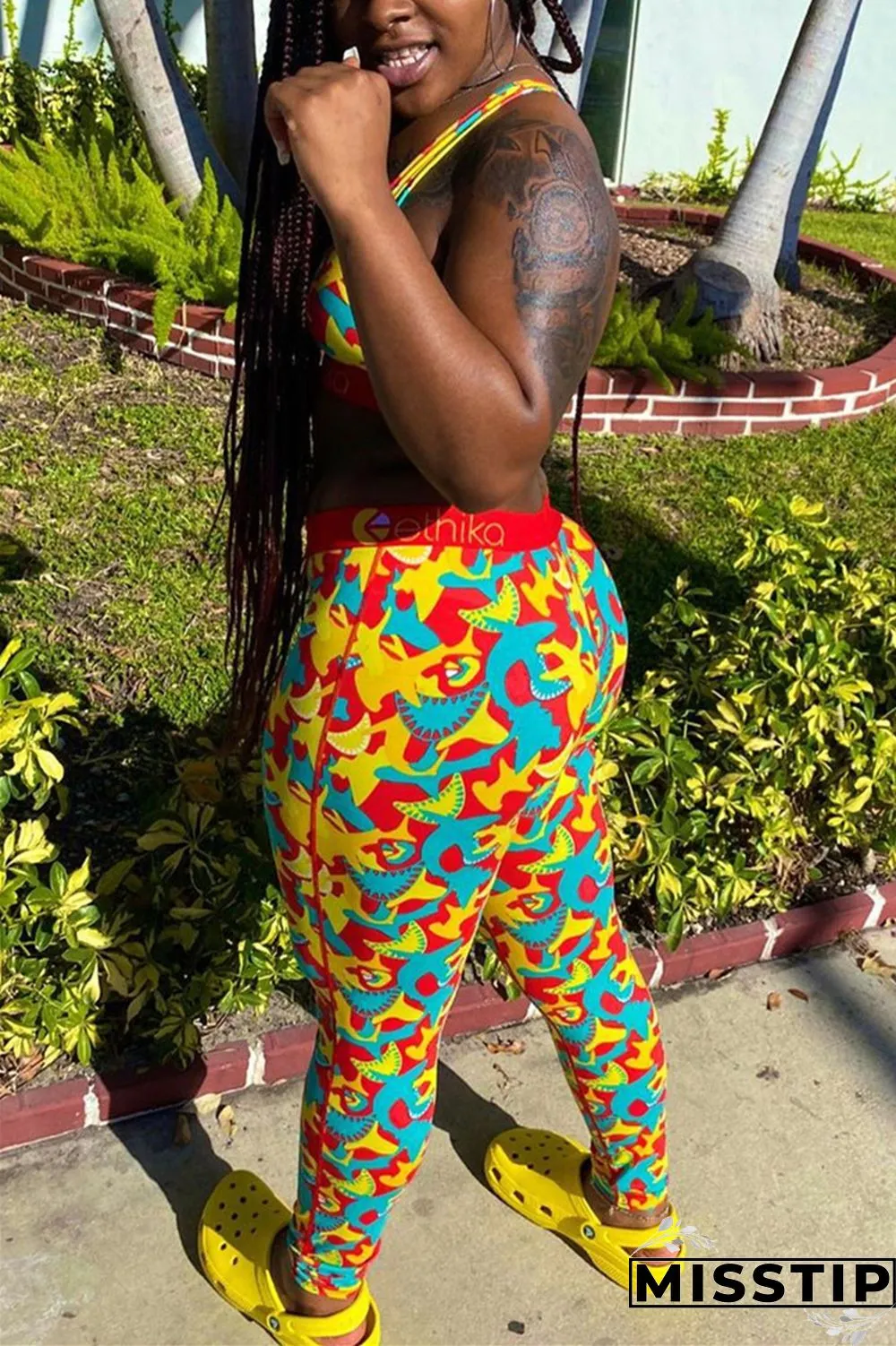 Yellow Fashion Sexy Printed Vest Trousers Set