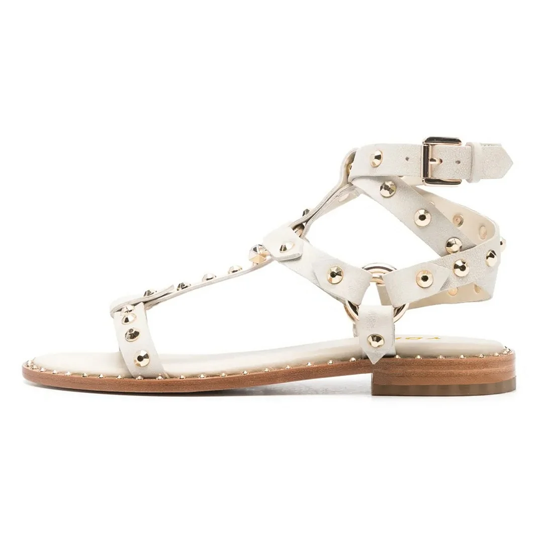 White Faux Leather Flat Studded Cross Strap Gladiator Sandals