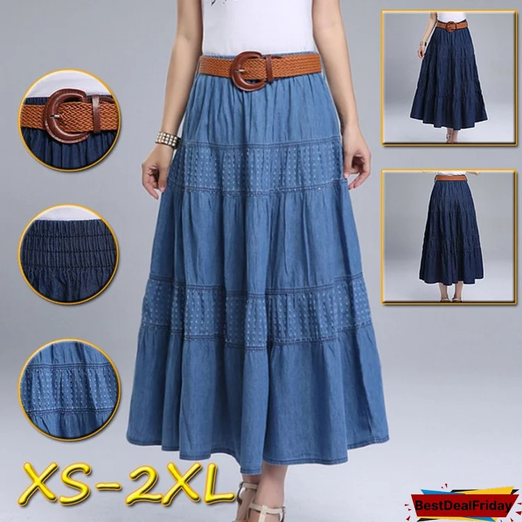 Women Summer Denim Skirts High Waist Plus Size Long Skirt Vintage Solid Color A-Line Jean Skirt With Belt Spring