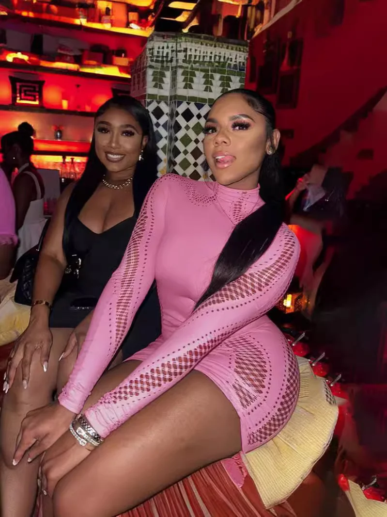 Uveng Uveng Winter Solid Half-High Collar Long Sleeves Solid Body Sex Hollow And Over-Short Dress