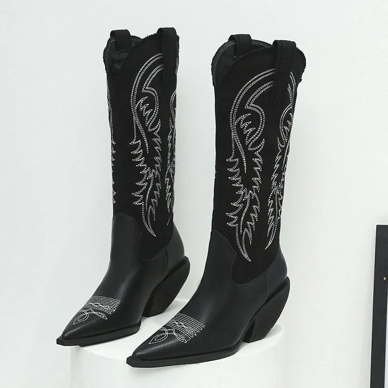 Autumn and Winter New Leather Boots European and American Wind Arrow Embroidered High-Barrel Boots.