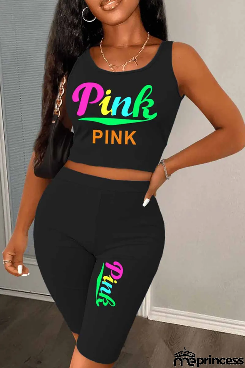 Red Casual Print Letter U Neck Sleeveless Two Pieces