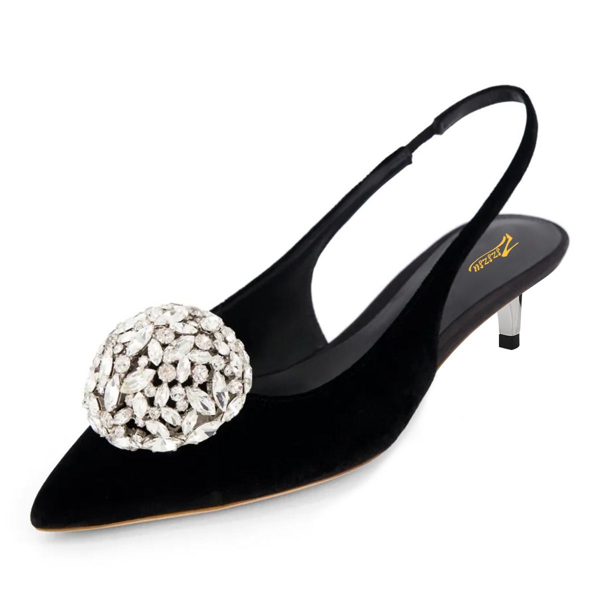 Pointed Toe Crystal Ball Kitten Heel Slingback Shoes in Black Nicepairs