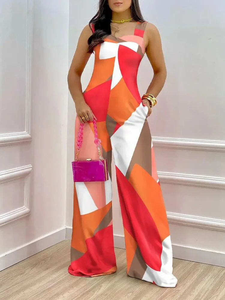 2023 Women Printing Fashion Jumpsuit Summer Suspenders Sleeveless Pocket Stitching Wide-leg Loose Jumpsuits Rompers