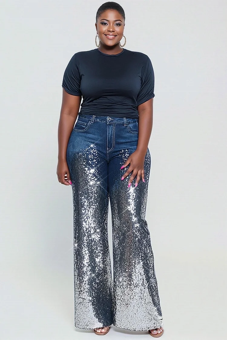 Xpluswear Design Plus Size Daily Blue Sequin Casual Contrast Denim Jeans [Pre-Order]