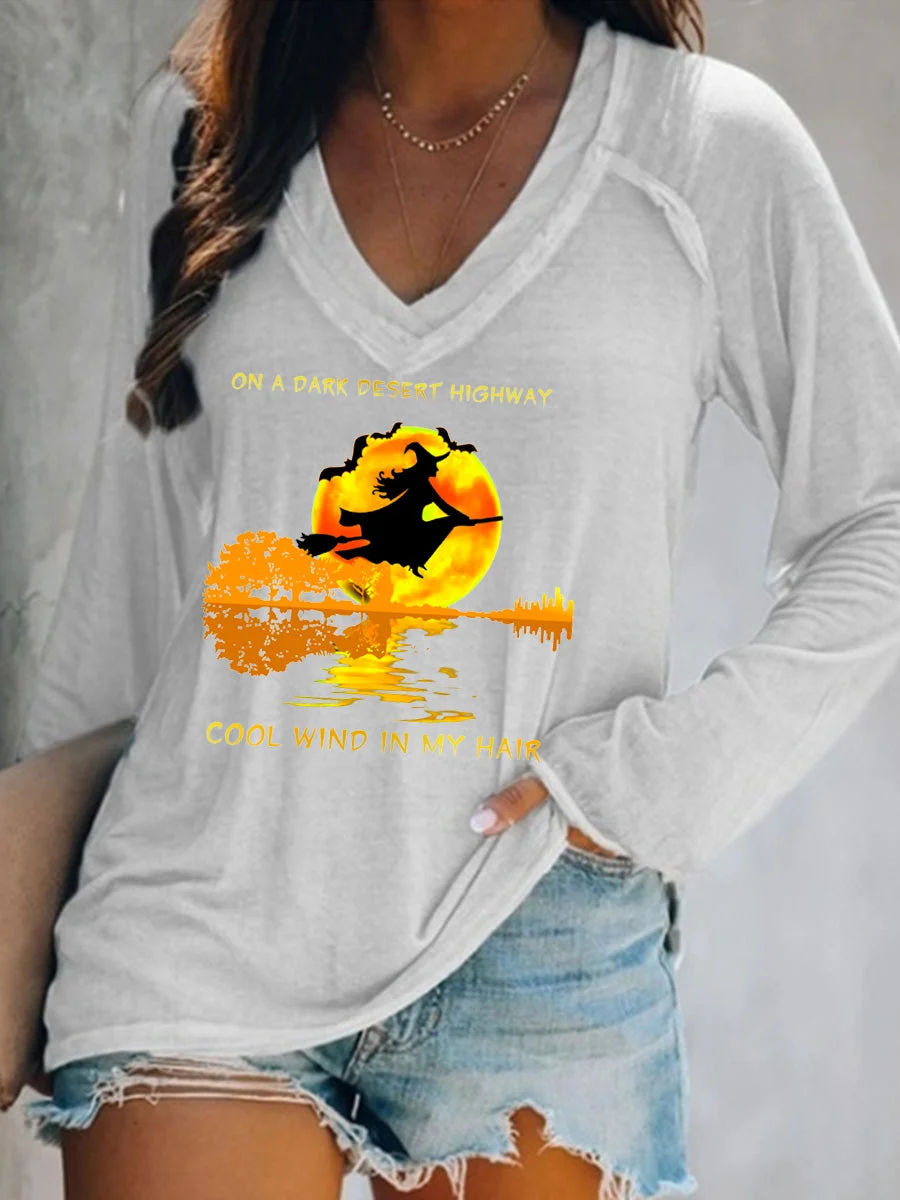 Halloween on A Dark Desert Highway Cool Wind In My Hair Long Sleeve V-Neck T-shirt
