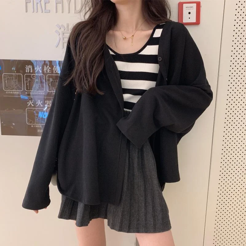 Women Cardigan Solid Single Breasted V-neck Long Sleeve Korean Style Ulzzang Simple Casual Fashion All-match Harajuku Female
