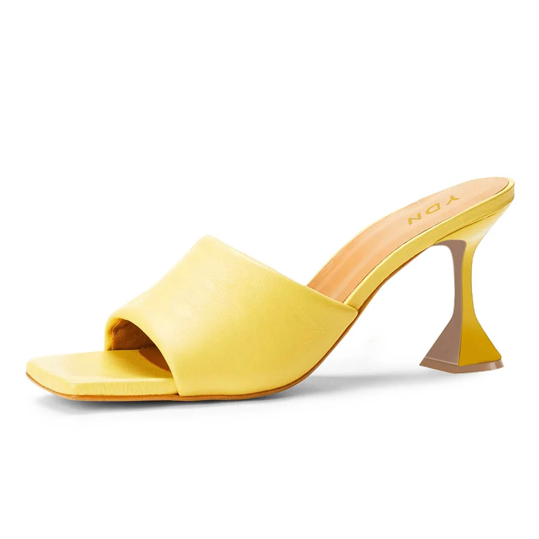 Elegant Vegan Leather Wide Band Yellow Mules with Flared Heel