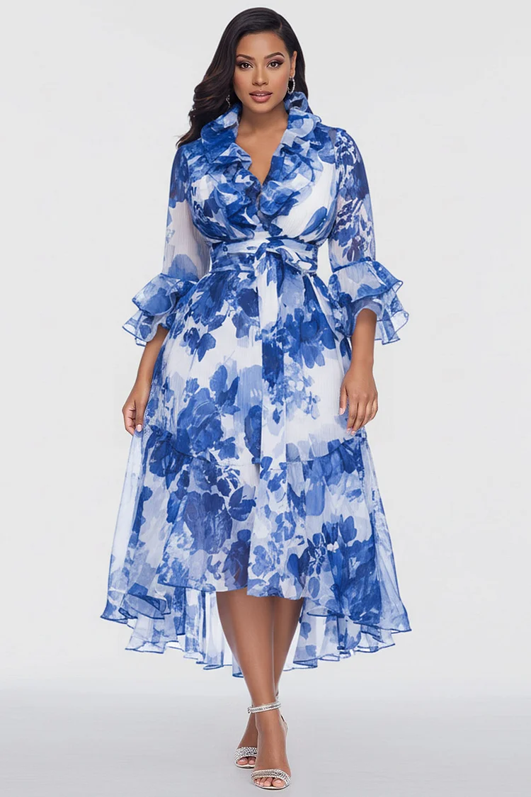 Xpluswear Design Plus Size Vacation Blue Floral V Neck 3/4 Sleeve Ruffle Chiffon Midi Dresses [Pre-Order] 2024 - Xpluswear