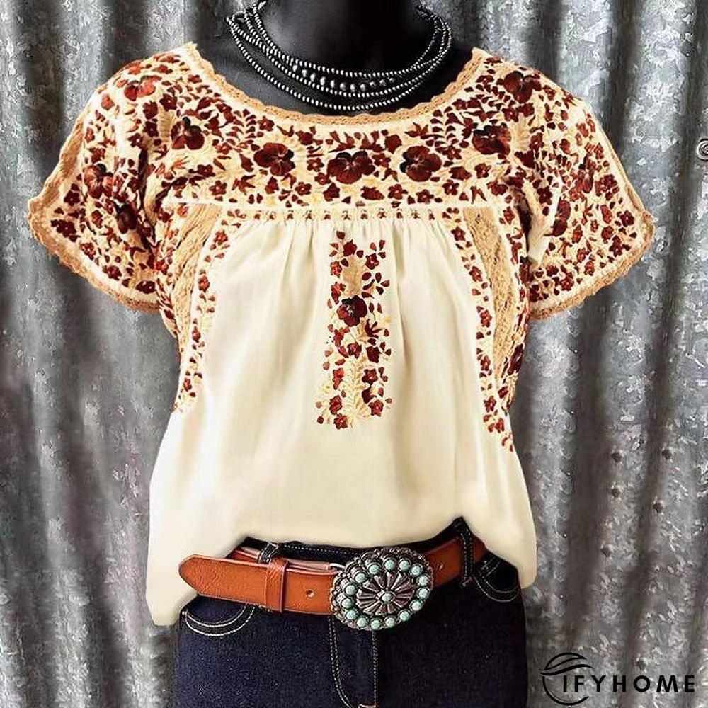 Women's T shirt Tee White khaki Floral Print Short Sleeve Holiday Weekend Basic Round Neck Regular Floral Painting S | IFYHOME