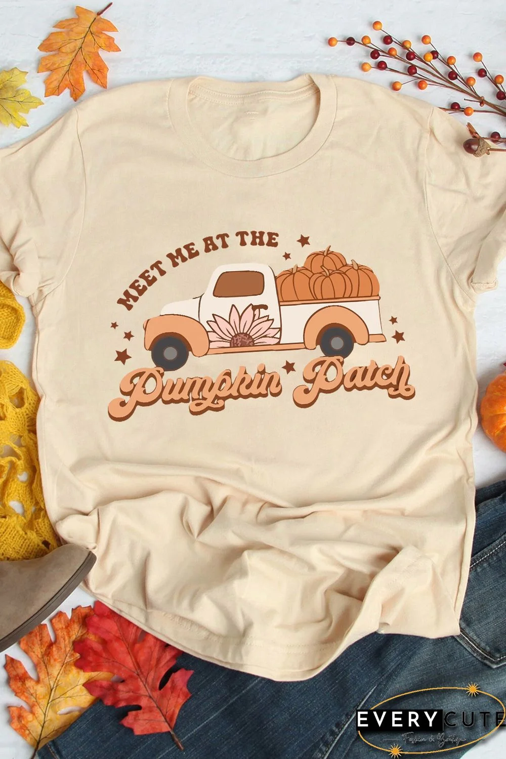 Khaki Pumpkin Patch Truck Graphic Print Short Sleeve Tee
