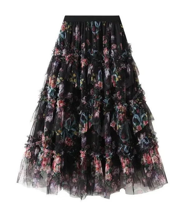Miss Sparkling | Ruffle Floral Midi Skirt
