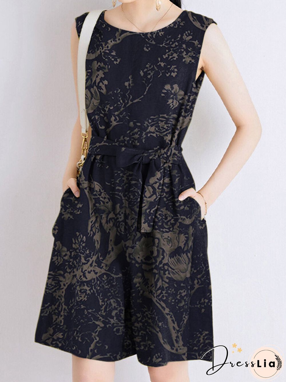 Plants Print Pocket Sleeveless Crew Neck Belt Romper