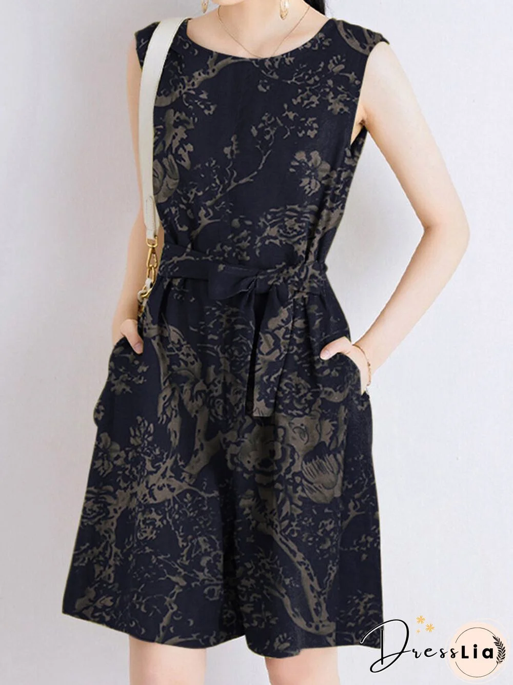 Plants Print Pocket Sleeveless Crew Neck Belt Romper
