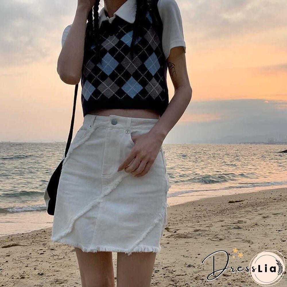 Checkered Cropped Knitted Tank Argyle Sleeveless Jumper