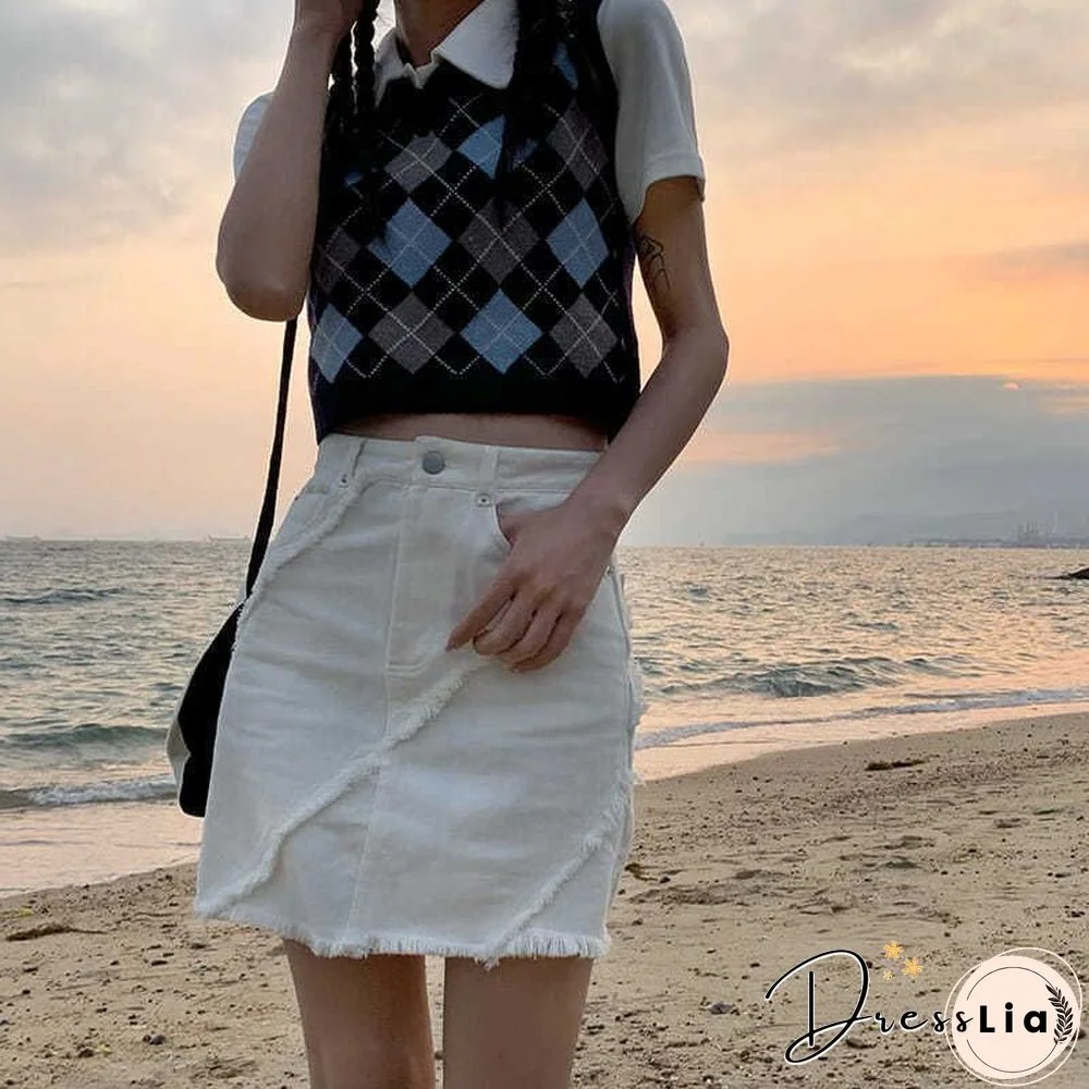 Checkered Cropped Knitted Tank Argyle Sleeveless Jumper