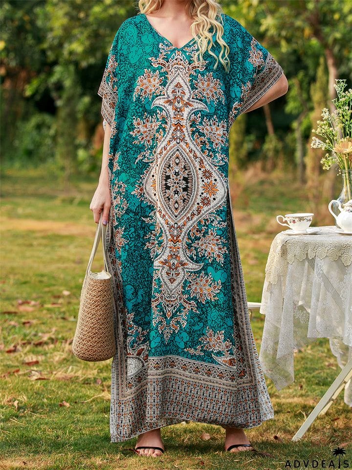 Blue Short Sleeve V-Neck Floral Moo Moo Dress