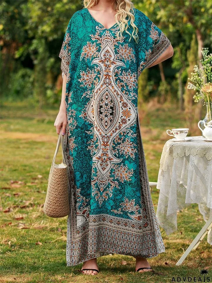 Blue Short Sleeve V-Neck Floral Moo Moo Dress