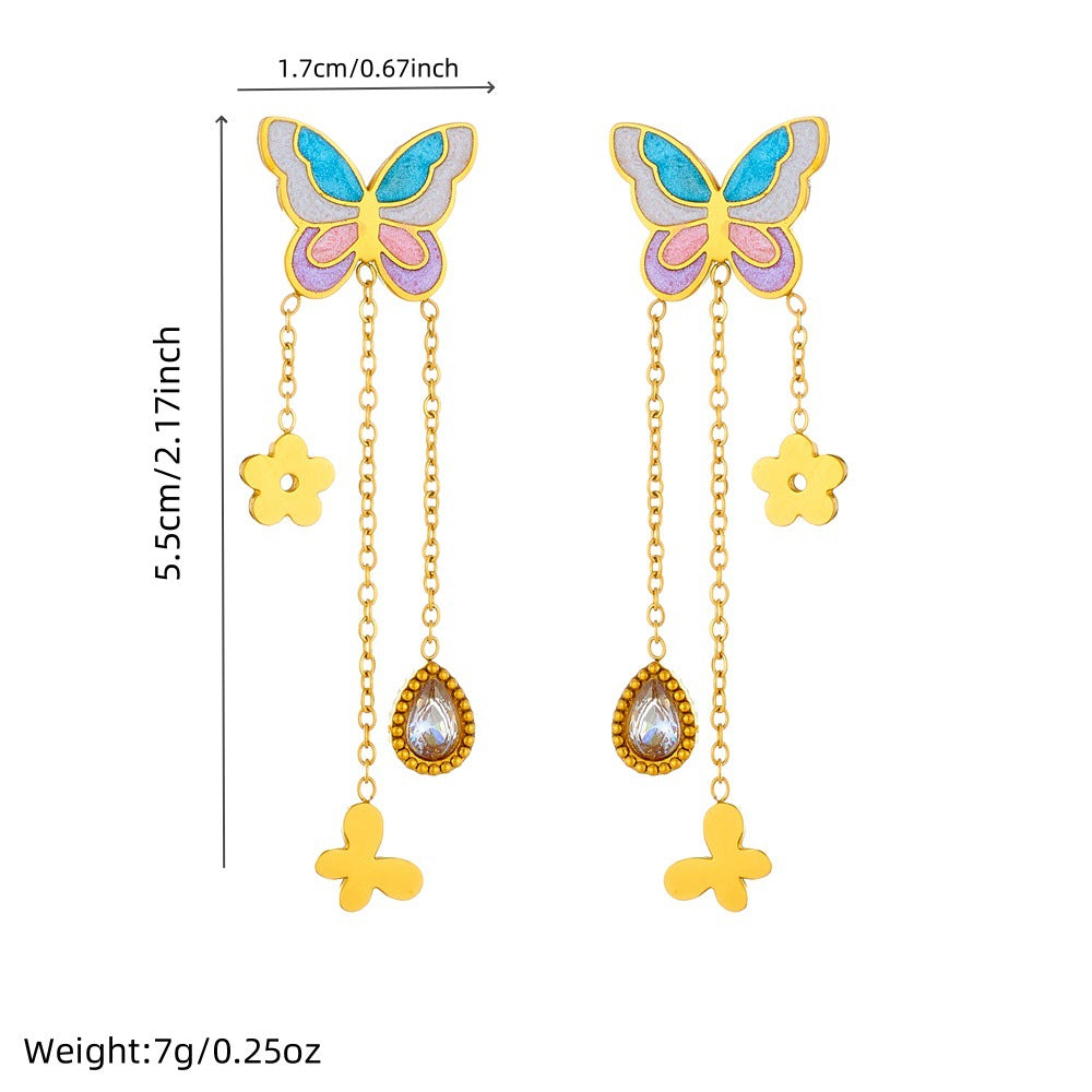 Korean Fashion Cartoon Cute Multi-Color Gradient Oil Drop Butterfly Tassel Chain Flower Diamond Water Drop Earrings
