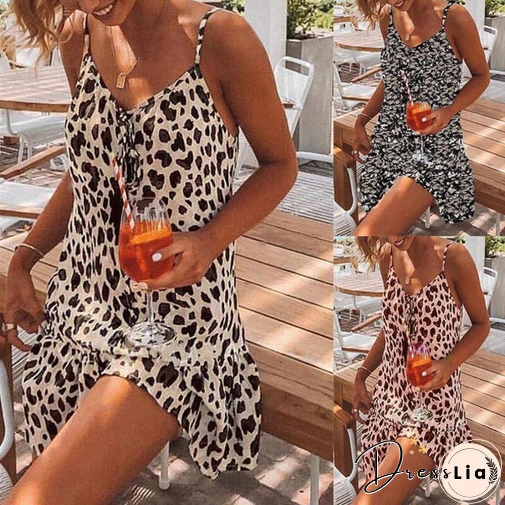Women Fashion V-neck Leopard Print Sleeveless Dress Summer Casual Mini Tank Dress