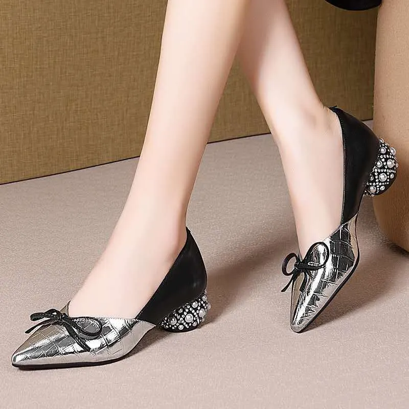 Thick Heel Single Shoes Woman MID Heels Women 2020 Autumn Work Shoe Female Footware Soft Leather Bowtie Pointed Toes SILVER