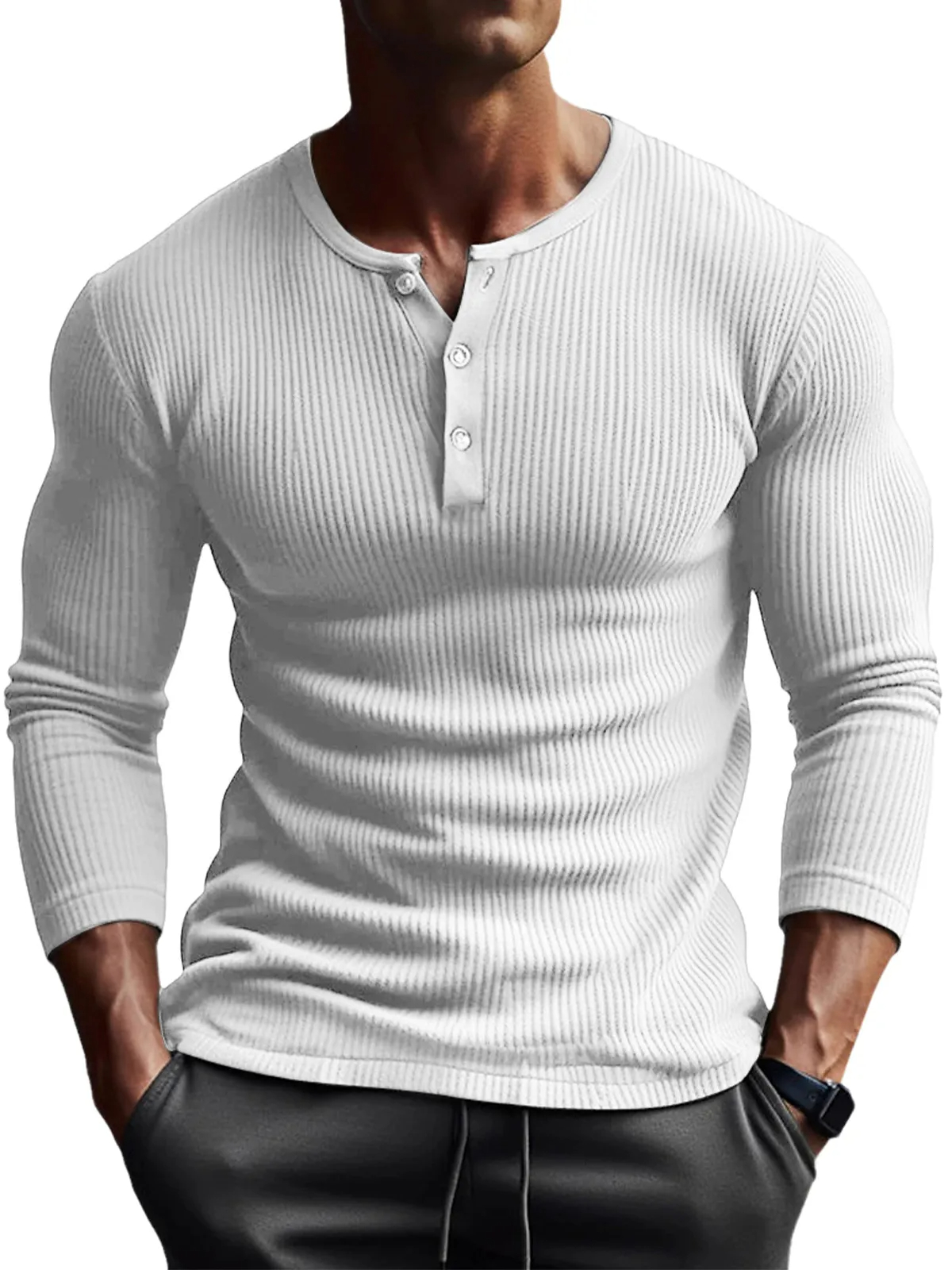 Men's Button Pit Solid Color Long Sleeve Henley T-Shirt Top PLUSCLOTHESMAN