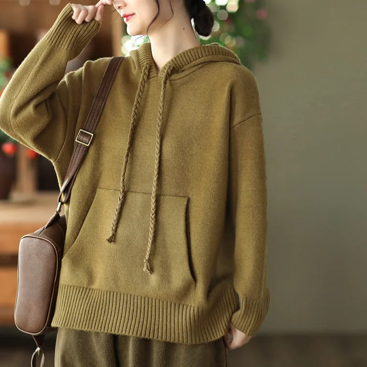 Thick Twist Drawstring Hooded Knit Sweater
