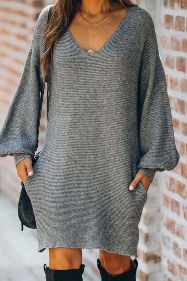 Plain Elegant Puff Sleeve Sweater Mini Dress