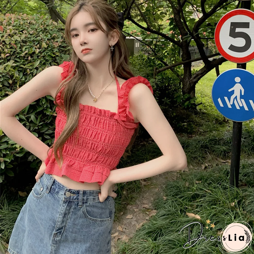 Camisole Women Folds Solid Breathable Summer Sleeveless Cropped Tank Tops Basic Sweet Ulzzang Stylish Hot Sale Mujer Chic Camis