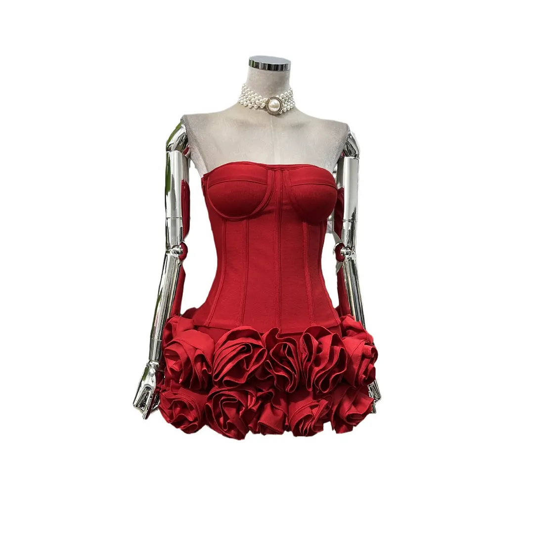 Brownm Knitted Bandage Pressure Fish Bone Tiring Waist Tset + Flowers Ultra-Short Low Waist Skirt Babes