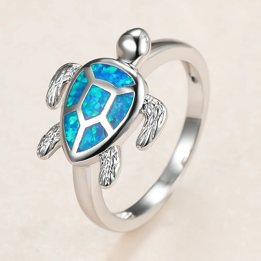 Cute Female Blue Opal Stone Ring Charm Silver Color Thin Wedding Rings For Women Luxury Bride Sea Turtle Engagement Ring