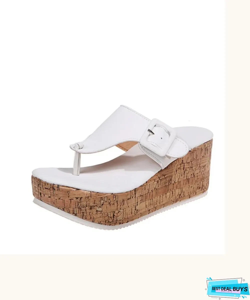 White Wedge Heels Boho Splicing Flip Flops Slide Sandals