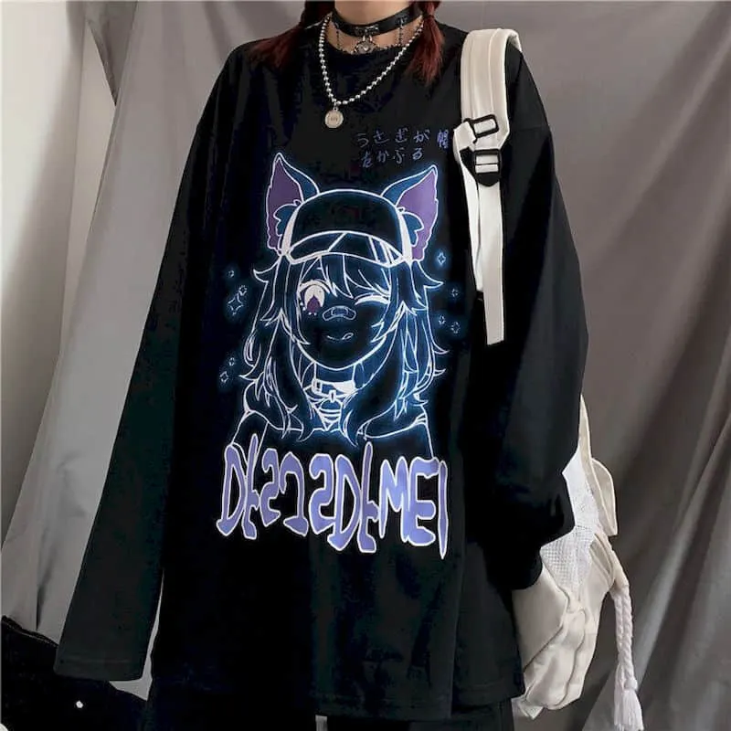 2020 Women T-shirt Autumn New Korean Student Harajuku Style Comic Girl Print Loose Long-sleeved T-shirt Female Top Trend