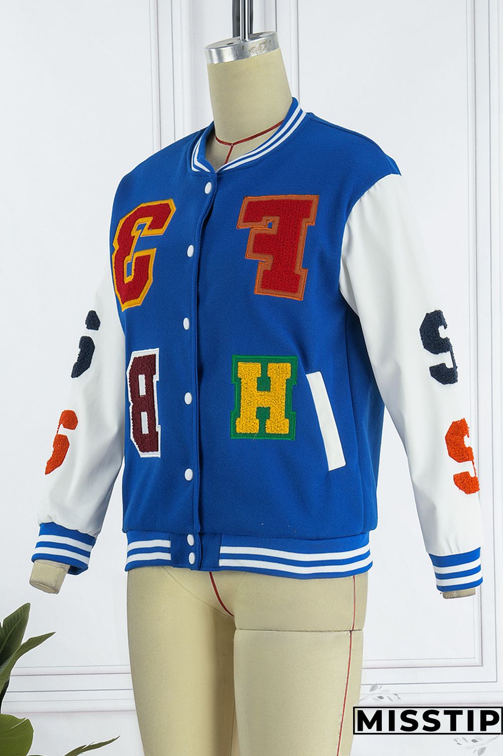 Blue Casual Letter Patchwork Contrast Turn-back Collar Outerwear