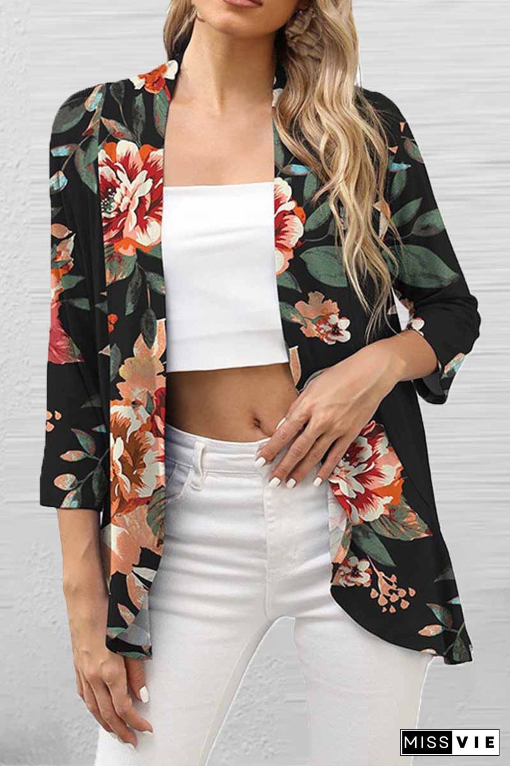 Casual Print Patchwork Cardigan Collar Tops