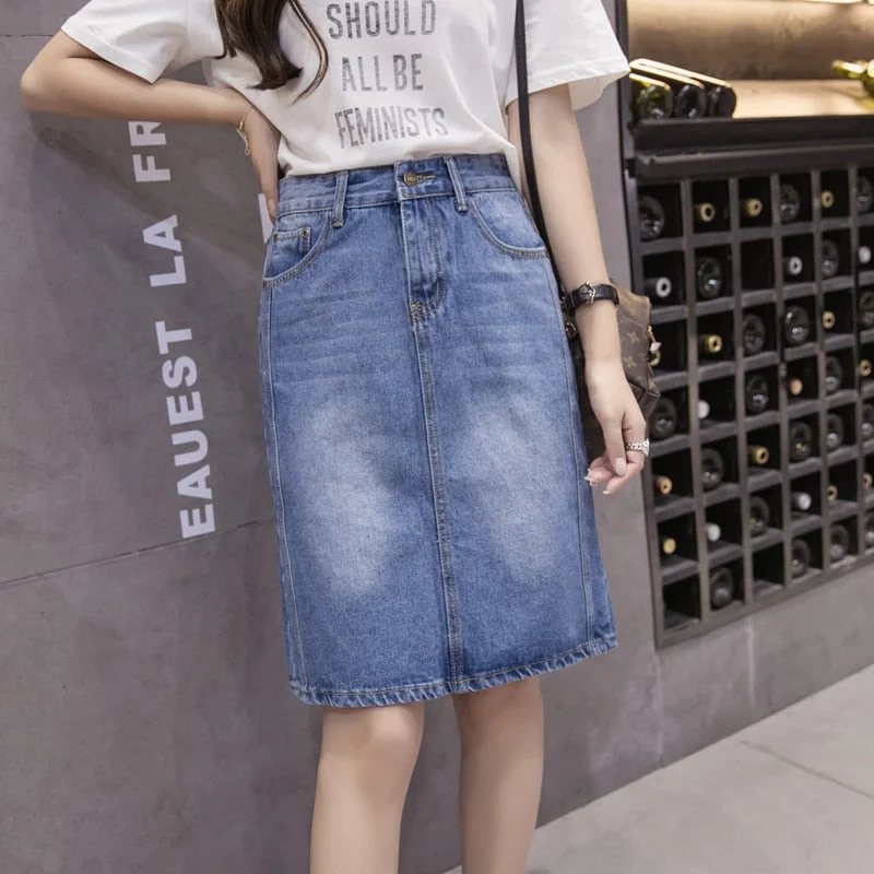 Zoki Korean loose women denim midi skirt summer A-line blue female jeans vintage casual harajuku cotton skirt plus size 5XL 2021