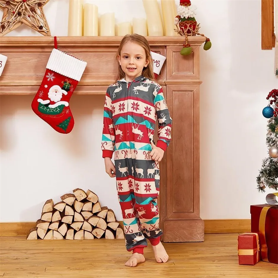 Christmas Reindeer and Snowflake Patterned Hooded Family Matching Onesie Pajamas