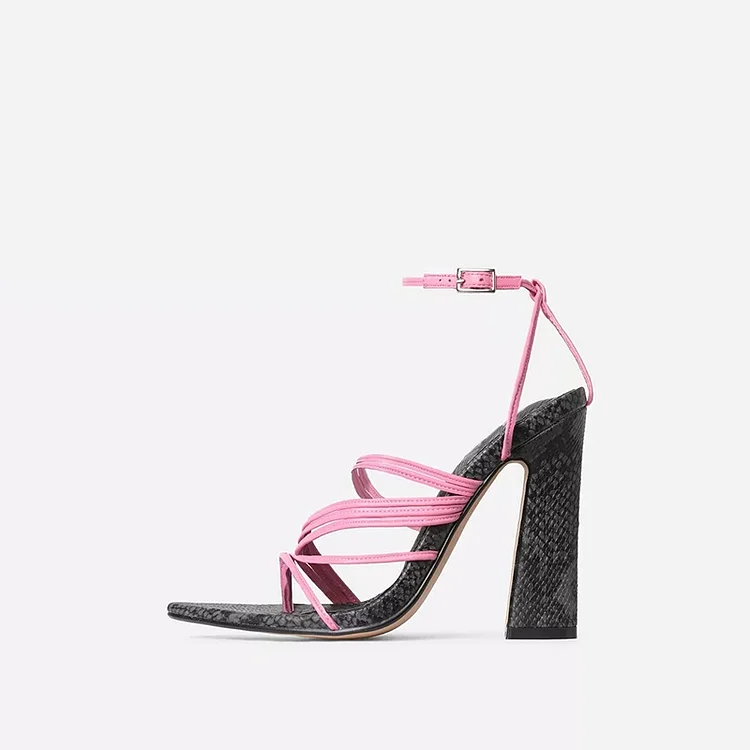 Pink Python Ankle Strap Chunky Heel Sandals Vdcoo