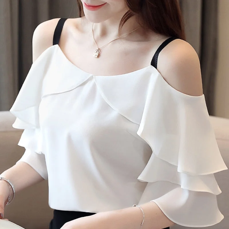 Blouses Summer Tops White Blouse Women Blusas Mujer De Moda 2021 Verano Off Shoulder Top Short Sleeve Chiffon Blouse Shirt E766