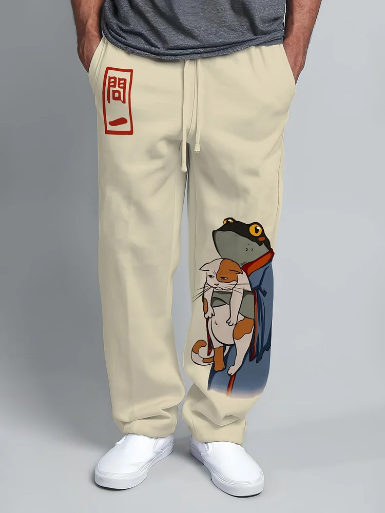 Men's Frog In Kimono And Unhappy Cat Print Casual Cotton Pants