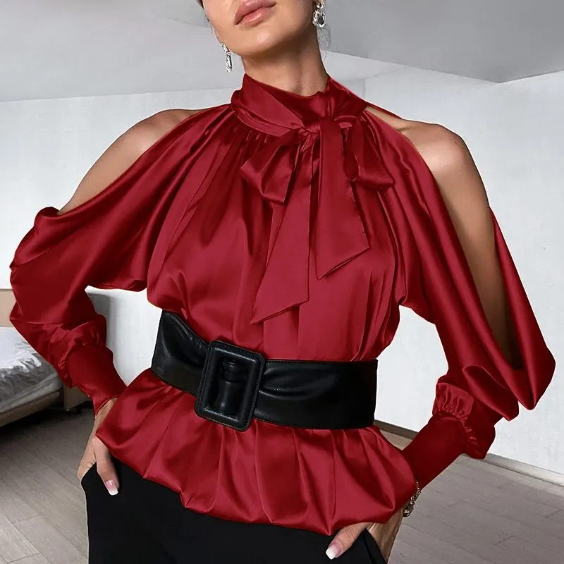 VONDA Women Y2K Tops Autumn Puff Sleeve Bow Blouse Office Formal Blusas Femininas Casual High Neck Pleated Solid Color Shirts