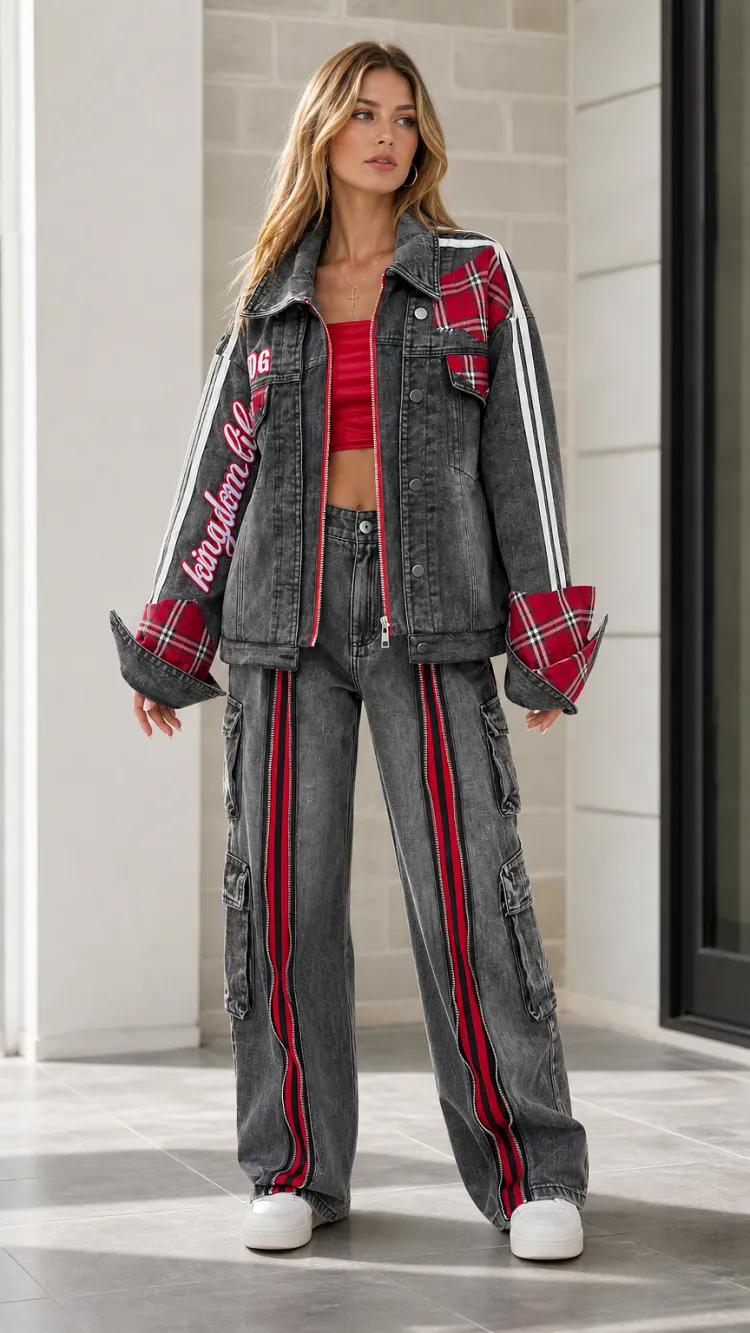 Women's Plaid Patchwork Washed Denim Jacket and Wide-Leg Cargo Pants Set