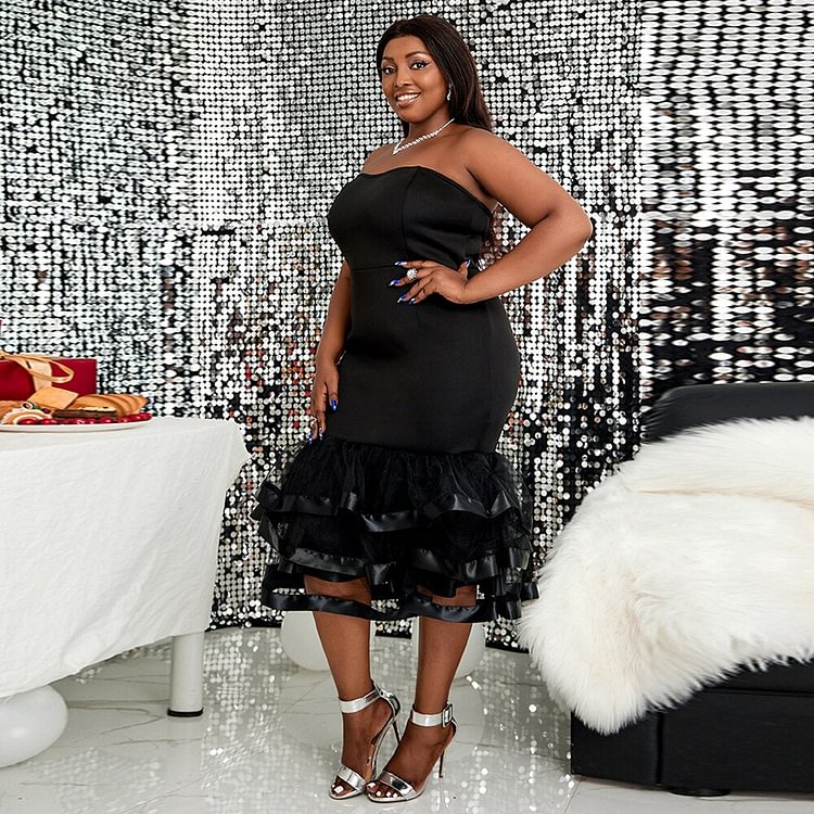 African Americans fashion QFY Women Tube Top Evening Dresses African Sexy Tutu Dress Mesh Patchwork Backless Off Shoulder Bodycon Robes Wedding Party Gown Ankara Style QueenFunky